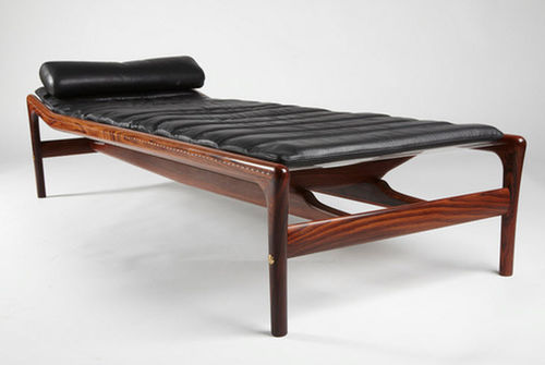 Méridienne design scandinave - H.V. - paere dansk - en cuir / en bois de rose