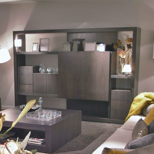 Ensemble TV mural contemporain - T-785 - ArtesMoble - en noyer / en hêtre / modulable