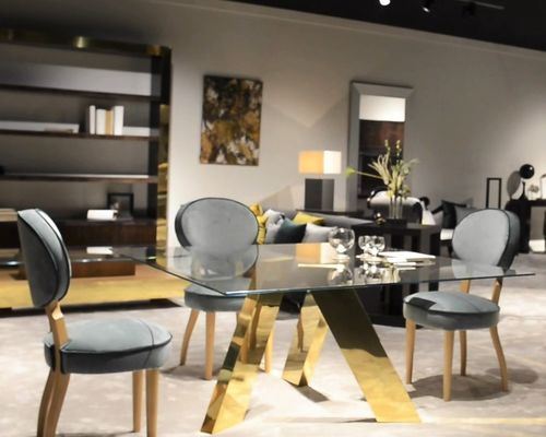 Table à manger contemporaine - T-867-L - ArtesMoble - en verre trempé / avec piètement en MDF / avec piètement en laiton poli