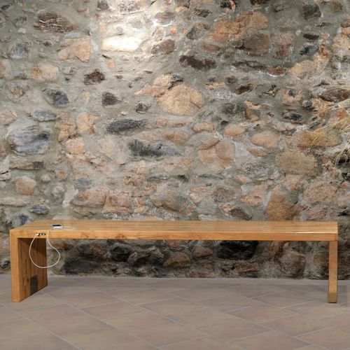 Banc public design minimaliste - BANCAFINA B - FREPAT URBAN EQUIPMENT - en bois / en acier / avec chargeur smartphone et tablette