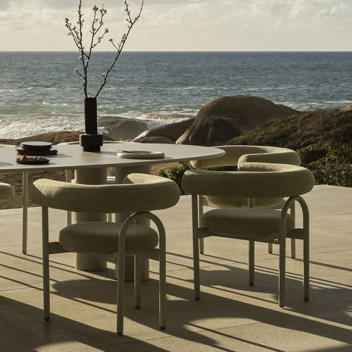 Chaise de salle à manger contemporaine - Lucky  - HALDANE - d'extérieur / en tissu / avec piètement en acier inoxydable laqué
