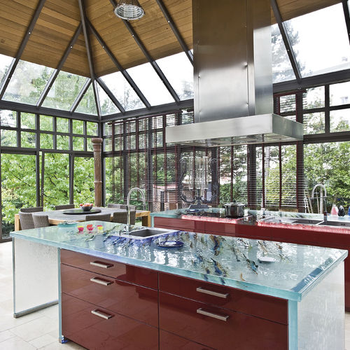 Cuisine contemporaine - ThinkGlass - en verre / avec îlot / en L