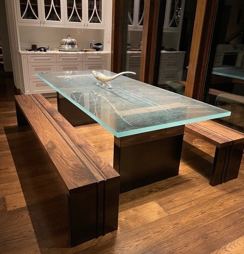Table contemporaine - ThinkGlass - en verre / avec piètement en bois / rectangulaire