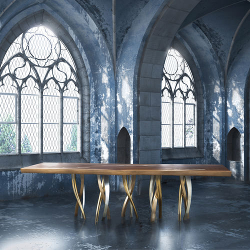 Table à manger design original - IL PEZZO 8 - Il Pezzo Mancante - en noyer / en bois massif / avec piètement en laiton