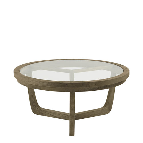 Table basse contemporaine - MAXTON - BLANC D'IVOIRE - en verre trempé / avec piètement en chêne / ronde