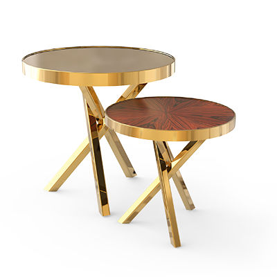 Table d'appoint contemporaine - WHEEL SET - Bat Eye - en placage de bois / en laiton poli / ronde
