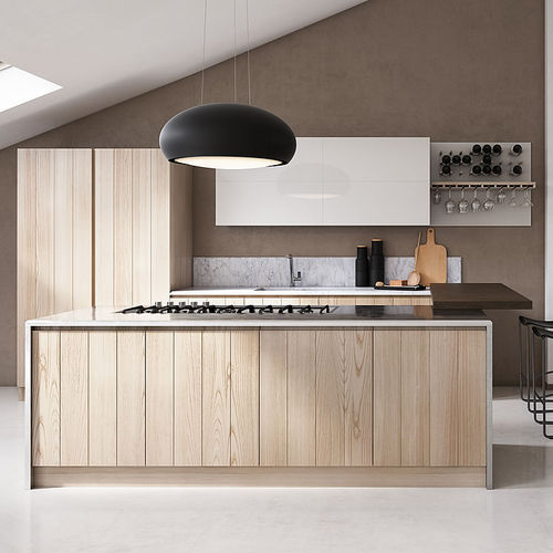 Cuisine contemporaine - Dogu - Aurora cucine - en châtaignier / avec îlot / en L