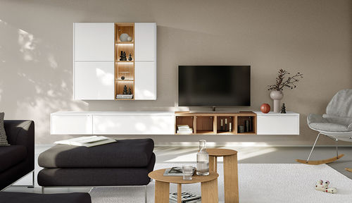 Ensemble TV mural contemporain - Touch - nobilia - en bois laqué / en chêne / avec étagères