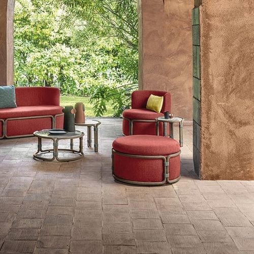 Pouf contemporain - Rotin - Ethimo - en tissu / en teck / rond