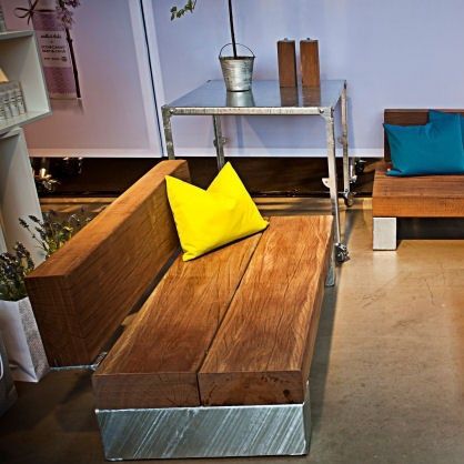 Banc de jardin contemporain - SLINGER - THORS DESIGN - en bois / en acier / avec dossier