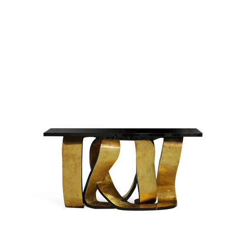 Console design original - RIBBON BROKEN GOLD LEAF - KOKET Love Happens - en bois laqué brillant / avec piètement en bois doré à la feuille d'or / rectangulaire