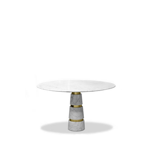 Table à manger contemporaine - AVALANCHE CARRARA MARBLE - KOKET Love Happens - en laiton poli / en marbre / avec piètement en marbre