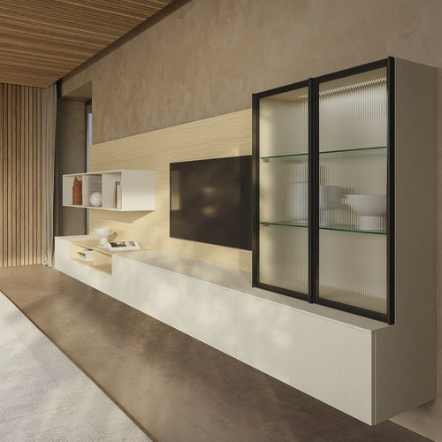 Ensemble mural de salon contemporain - SM2521 - ZALF spa - en mélaminé / en chêne naturel / en verre