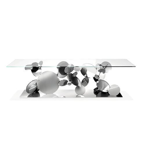 Table à manger design original - Flake - Barberini & Gunnell - en verre trempé / en cristal / avec piètement en acier inoxydable poli