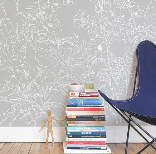 Papier peint contemporain - Papier peint Jungle Tropical Fond Gris Panoramique - Ohmywall - floral / à motif nature / panoramique