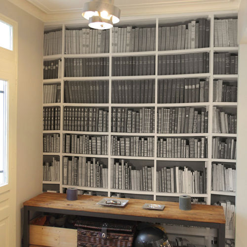 Papier peint contemporain - Papier peint Trompe l'oeil BIBLIOTHEQUE Noir et blanc - Ohmywall - panoramique / bibliothèque / aspect papier peint
