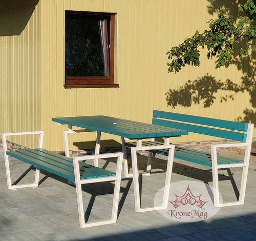 Ensemble table et bancs contemporain - S.THAVIS - KRONEMAG MILLENIUM srl - en bois / en métal / de jardin