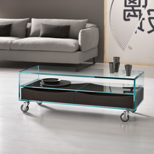 Table basse contemporaine - COMO' BASSO - TONELLI Design - en cerisier / en verre / en cuir