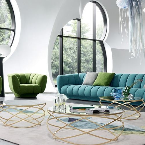 Table basse contemporaine - EVOL - ROCHE BOBOIS - en verre fumé / avec piètement en acier inoxydable / ronde