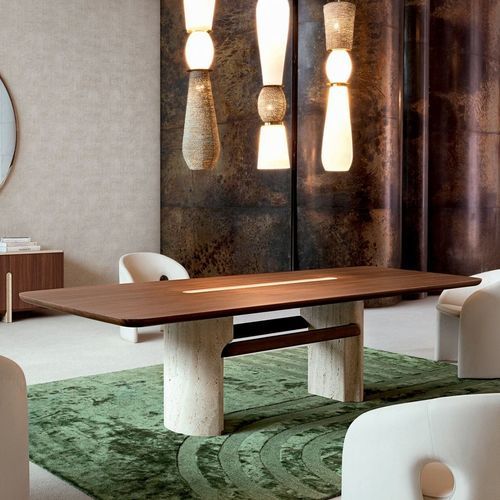 Table à manger contemporaine - ROCHE BOBOIS - en placage de bois / en MDF / avec piètement en travertin