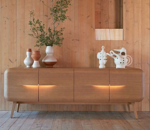 Buffet contemporain - WHISPER - ROCHE BOBOIS - plaqué bois / avec éclairage intégré / 4 pieds