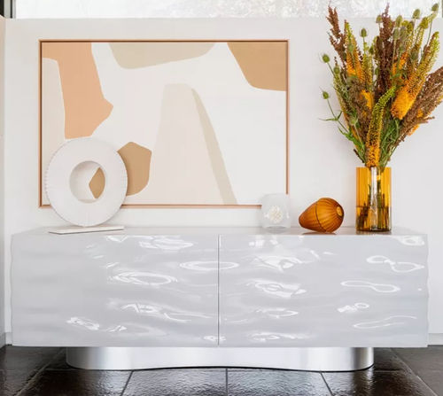 Buffet contemporain - ICY - ROCHE BOBOIS - en acrylique / en acier inoxydable brossé / à portes battantes