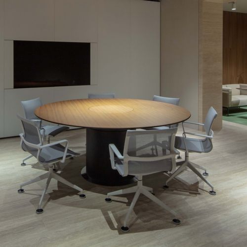 Table de réunion contemporaine - ELEMENT 02 - UNIFOR - en bois / avec piètement en stratifié / circulaire
