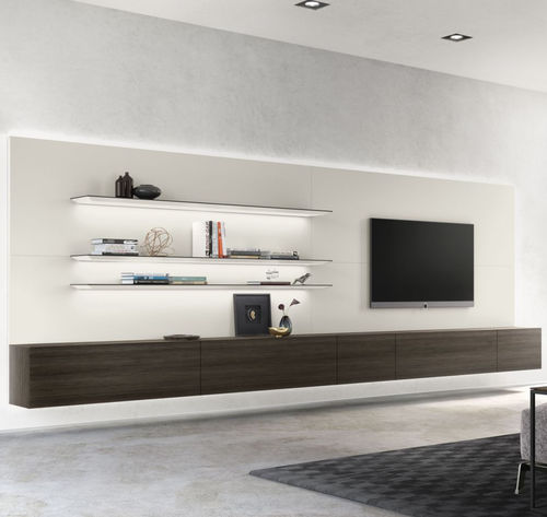 Ensemble TV mural contemporain - ALEA - Kettnaker GmbH & Co. KG Möbel-Manufaktur - en bois laqué / avec étagères / gris