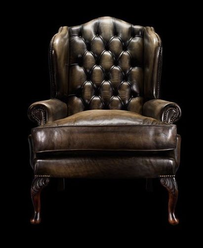 Fauteuil chesterfield - JAMES BOSWELL - Fleming & Howland - en laine / en cuir / à oreilles