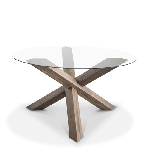 Table contemporaine - RIO - Ecomatrix SRL - en verre trempé / avec piètement en chêne / ronde