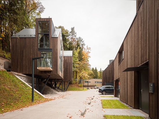 les maisons Bois de construction-plaquées ont augmenté vers le haut sur des échasses au-dessus des chambres fortes de munitions dans le parkland de Vilnius