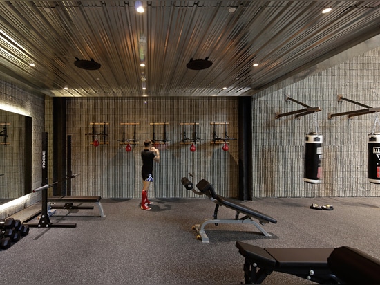 Le studio de la conception Lab100 ajoute les murs en verre et le niveau incurvés de mezzanine à la gymnastique de boxe du Kowéit