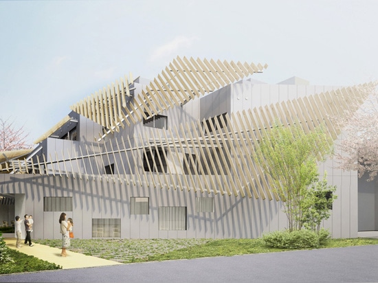 le bâtiment est complété avec une série d'auvents à angles de bois de construction qui atténuent l'impact visuel des volumes empilés ci-dessous