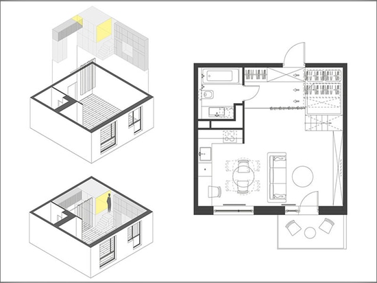 Petite idée de conception d'appartement – la chambre à coucher augmentée tient compte du stockage dessous