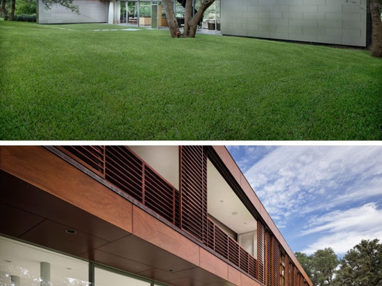 Cette maison contemporaine a été conçue avec une boîte de flottement au-dessus d'une clôture glassed transparente