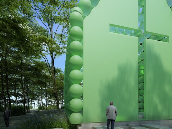 la ville et la chapelle verte du béton dans les bois est faite de sphères