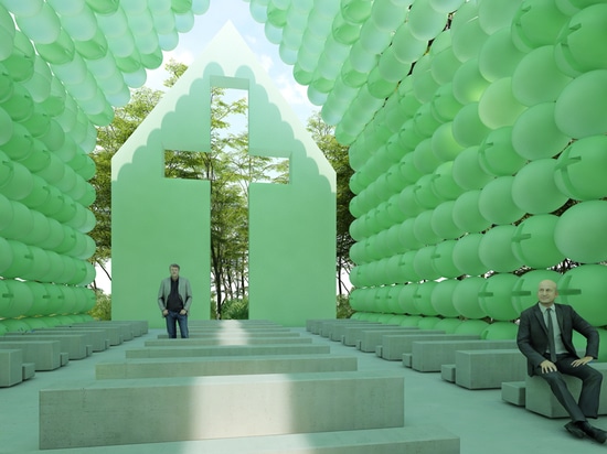 la ville et la chapelle verte du béton dans les bois est faite de sphères