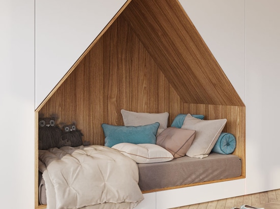 Cette conception de chambre à coucher pour un adolescent comporte un lit construit dans un mur des Cabinets