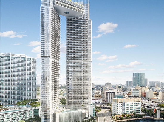 les tours de point de la rivière des viñoly un de Rafaël à Miami se sont reliées à un skybridge