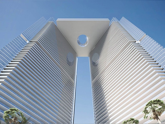 les tours de point de la rivière des viñoly un de Rafaël à Miami se sont reliées à un skybridge