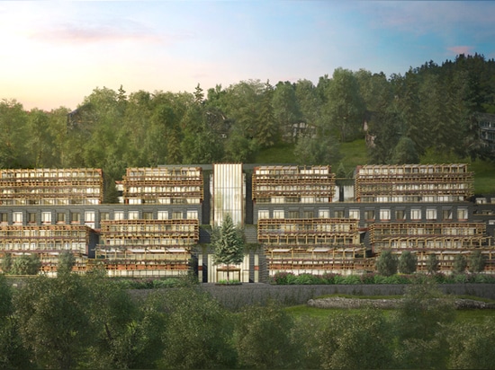 la montagne complètement entourée de bürgenstock, le façade emploie une structure de trellis de bois de construction avec la pierre locale