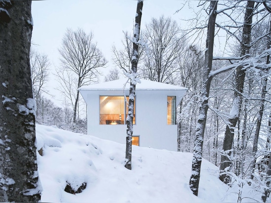 La cabane Poisson Blanc de Naturehumaine a un toit en métal pointu blanc