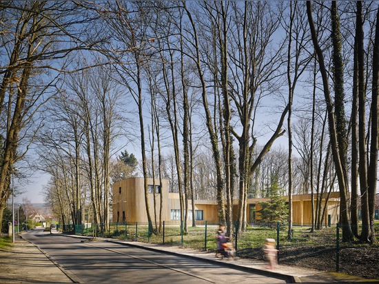 Comme une couronne des feuilles, un toit de vert complète la structure et se prolonge à l'extérieur aux passages couverts et aux cours d'ombre.