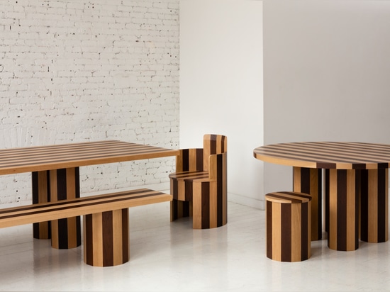 Table à manger rectangulaire et banc de Cooperage, table à manger ronde et tabouret, et chaise (2019)