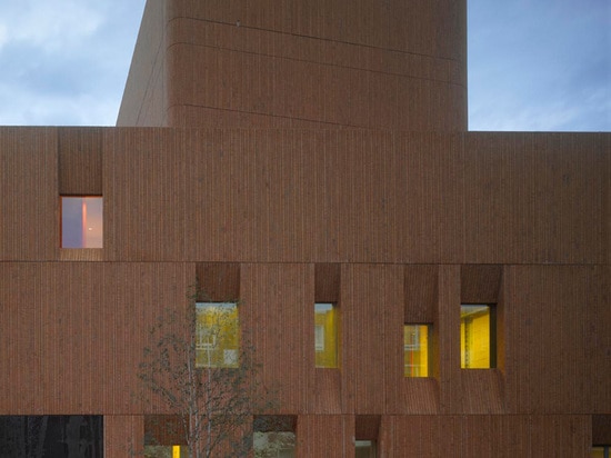 La maçonnerie verticale et les cavités profondes de fenêtre donnent un aspect "BOLD" à ce nouveau bâtiment culturel de centre