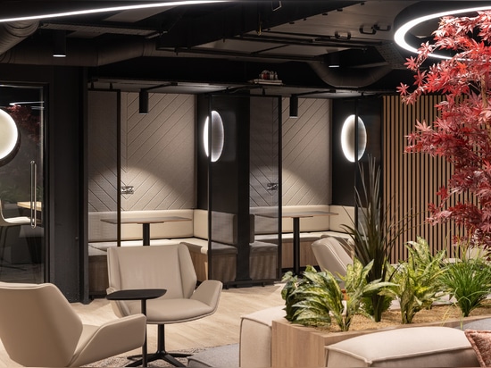 Les séparateurs d'espace en treillis métallique tissé Banker LPZ-71 créent des cabines semi-privées au 58 Mosley Street, ce qui contribue à l'atmosphère de travail collaboratif.