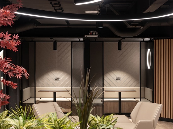 Les séparateurs d'espace en treillis métallique tissé Banker LPZ-71 créent des cabines semi-privées au 58 Mosley Street, ajoutant à l'atmosphère de travail collaboratif.