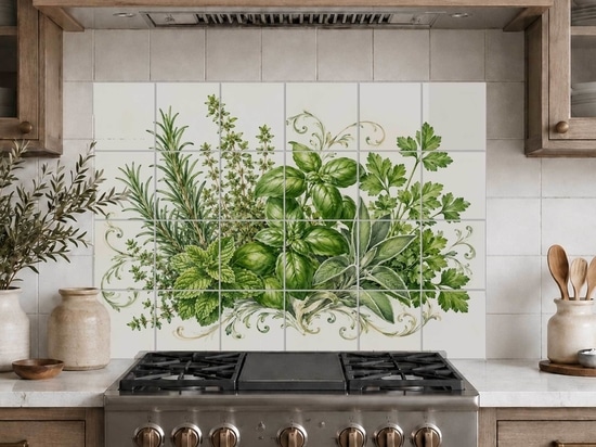 Crédence de cuisine aux herbes aromatiques et feuillages