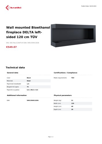 Wall mounted Bioethanol fireplace DELTA leftsided 120 cm TÜV