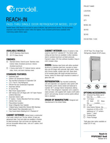 PASS-THRU SINGLE DOOR REFRIGERATOR MODEL 2010P